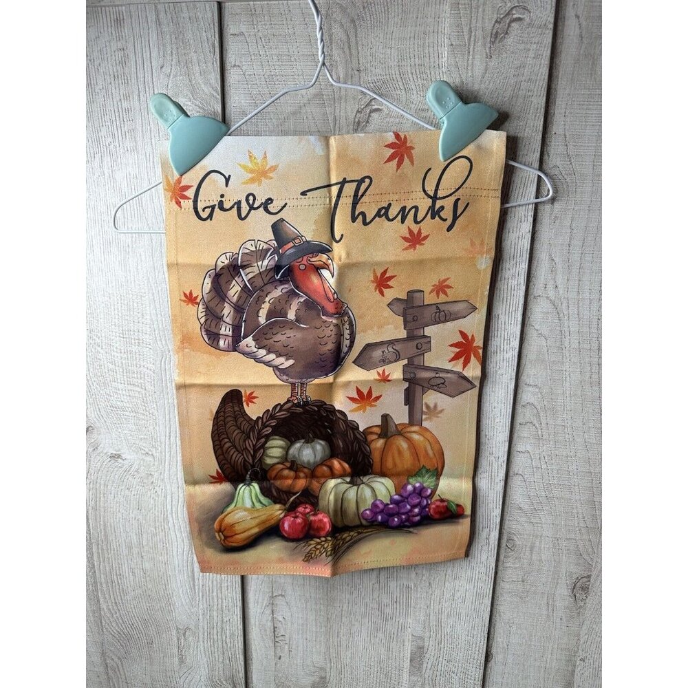 Thanksgiving Rustic Double Sided Garden Flag Give Thanks Turkey Cornucopia